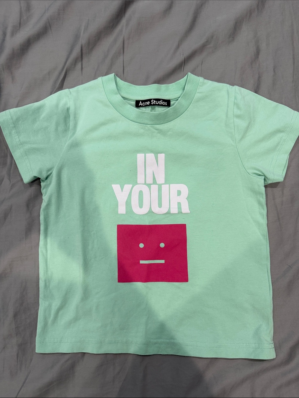 Acne Kids Mint Green Tee with Pink Square Graphic size 3-4